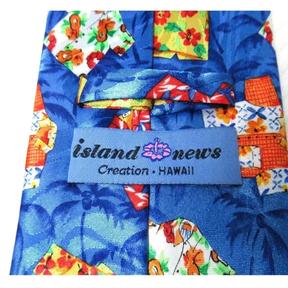 Vintage Island News Creation Necktie Men's Blue with Hawaiian Shirt Print
